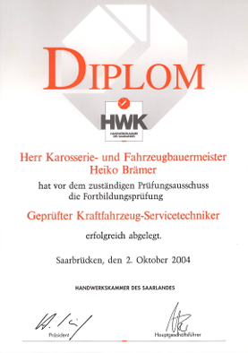 Qualifikationsnachweis von Heiko Brämer: Geprüfter Kraftfahrzeug-Servicetechniker, 2004