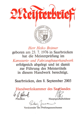 Meisterbrief von Heiko Brämer: Karosserie- und Fahrzeugbauermeister, 2003