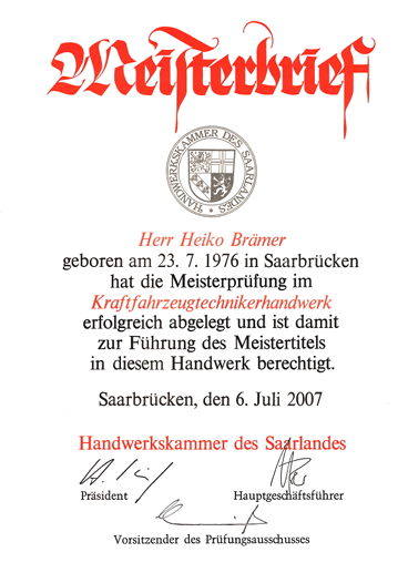 Meisterbrief von Heiko Brämer: Kraftfahrzeugtechnikermeister, 2007