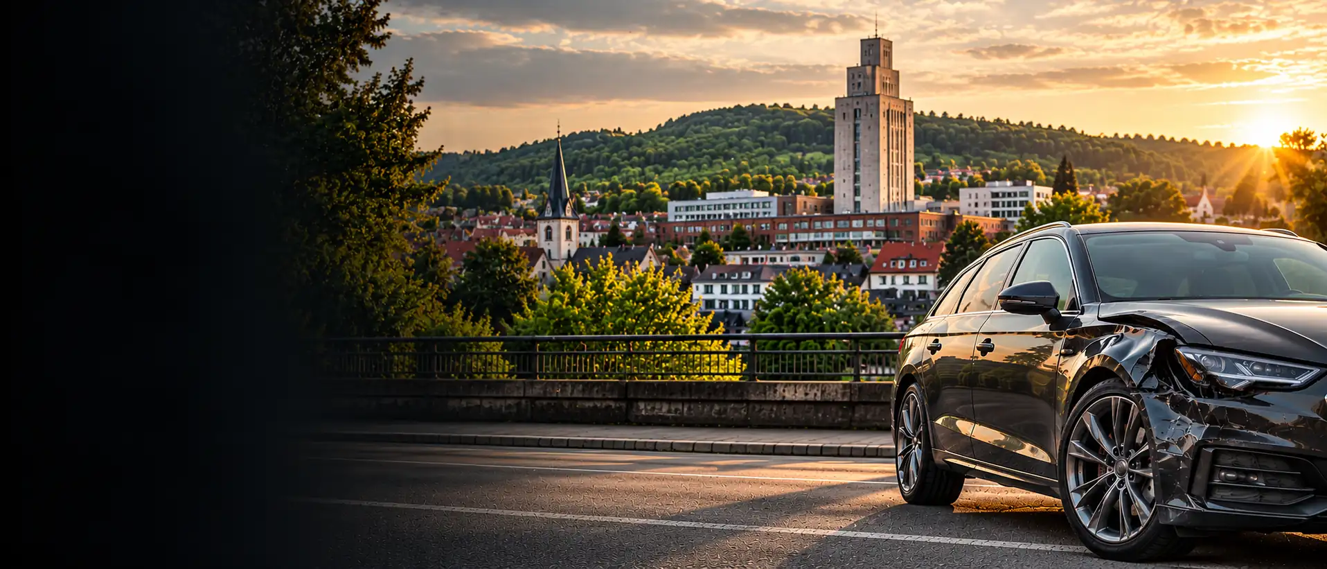 Beschädigtes Fahrzeug vor einer Stadtkulisse mit Beckerturm-Motiv