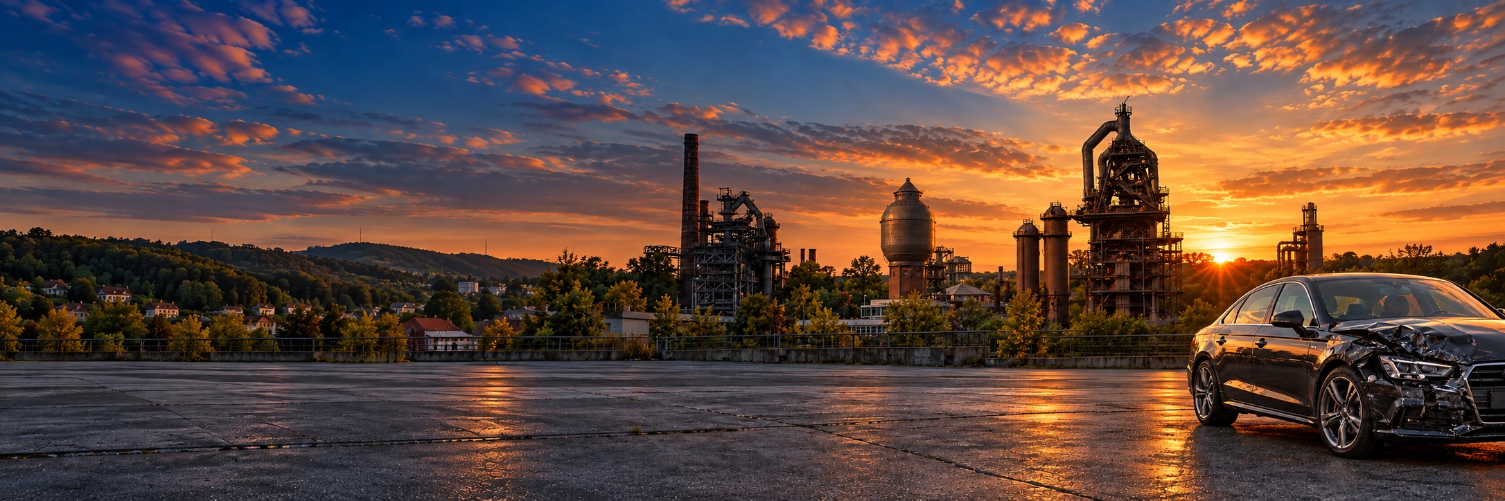 Beschädigtes Fahrzeug vor Industrieanlage bei Sonnenuntergang in Neunkirchen